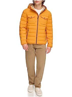Quilted Puffer Jacket Faux Down Hooded Performance Stretch
